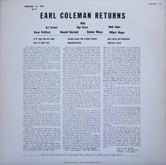 Earl Coleman ~ Returns (Vinyl) - Djungel & Jazz