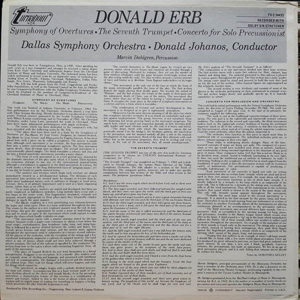 Donald Erb, Dallas Symphony Orchestra, Donald Johanos, Marvin Dahlgren ~ Symphony Of Overtures - The Seventh Trumpet - Concerto For Solo Percussionist (Vinyl) - Djungel & Jazz