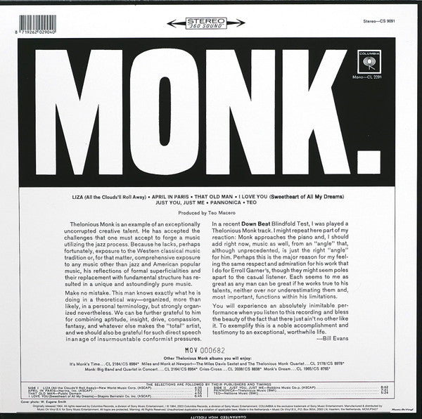 Thelonious Monk ~ Monk. (Vinyl) - Djungel & Jazz