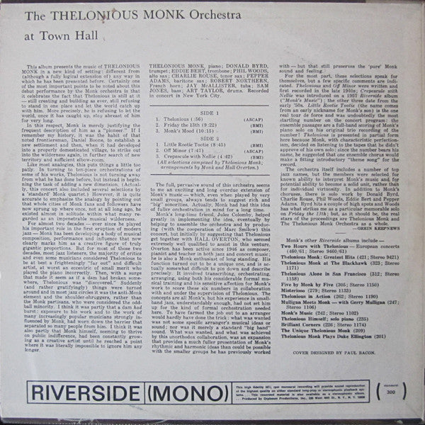 The Thelonious Monk Orchestra ~ At Town Hall (Vinyl) - Djungel & Jazz