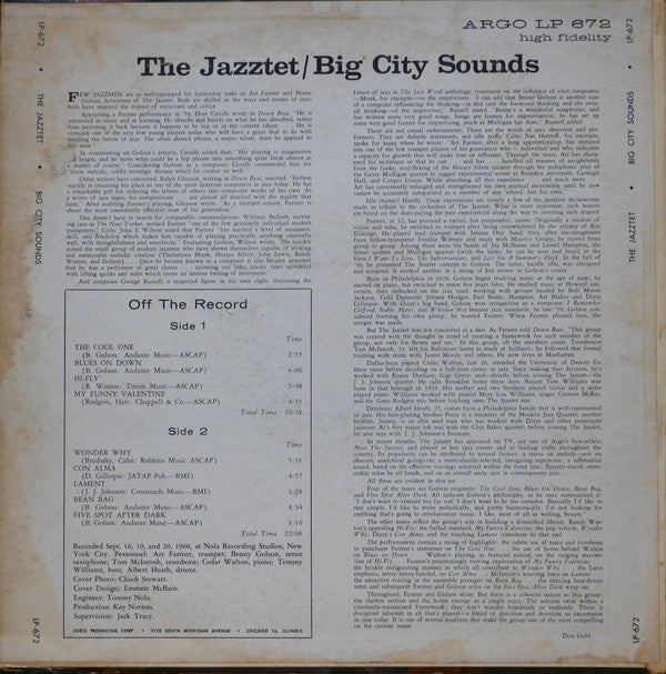 The Jazztet / Art Farmer & Benny Golson : Big City Sounds (LP, Album, Mono, Dee)