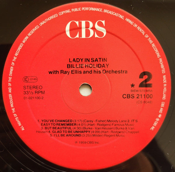 Billie Holiday With Ray Ellis And His Orchestra : Lady In Satin (LP, Album, RE, RP, Red)