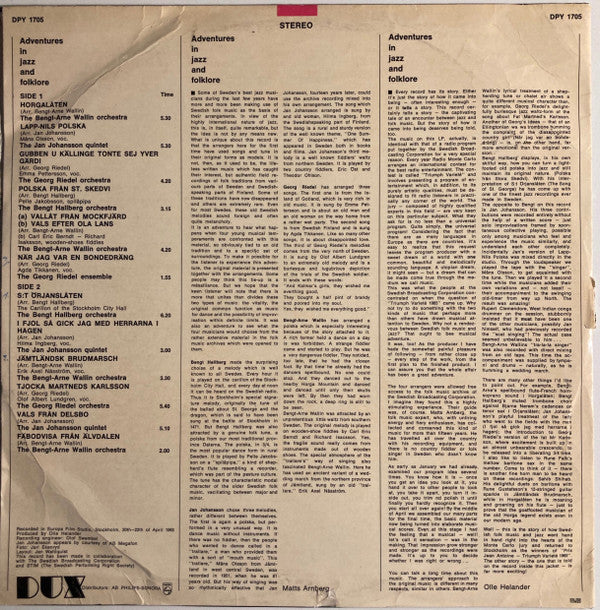 Bengt-Arne Wallin / Jan Johansson / Georg Riedel / Bengt Hallberg ~ Adventures In Jazz And Folklore (Vinyl) - Djungel & Jazz
