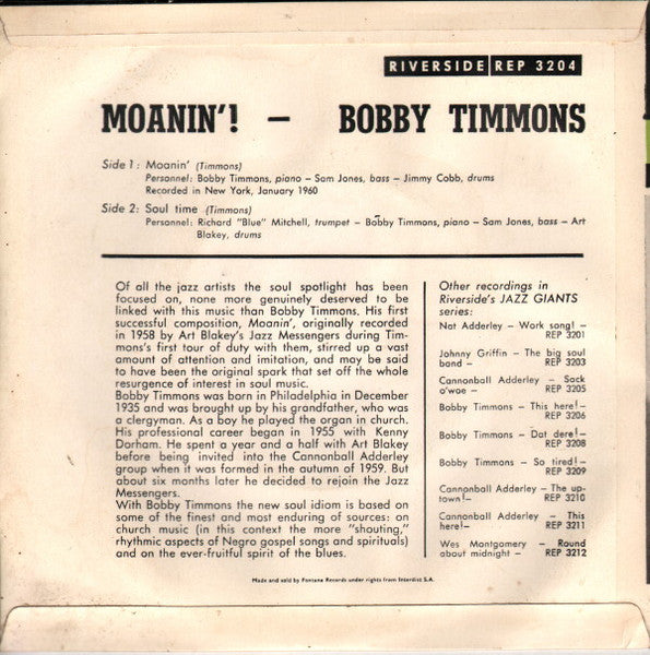 Bobby Timmons ~ Moanin' (Vinyl) - Djungel & Jazz