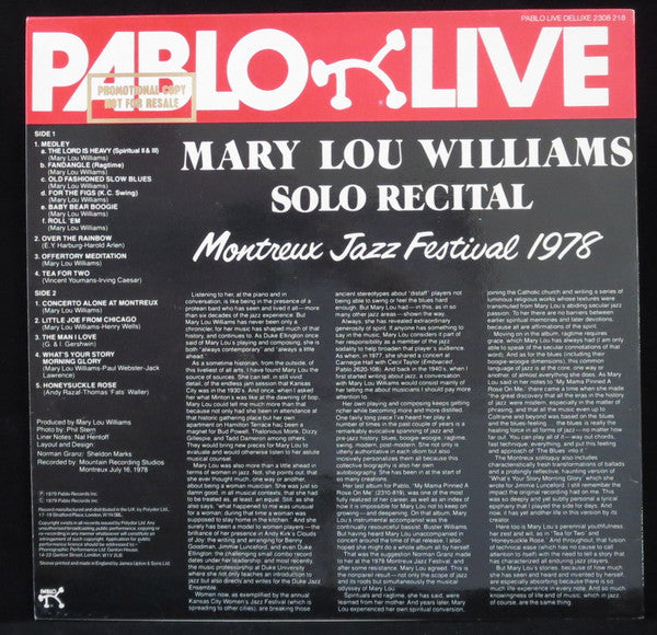 Mary Lou Williams : Solo Recital Montreux Jazz Festival 1978 (LP, Album)