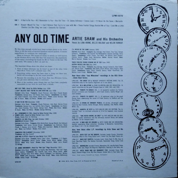Artie Shaw And His Orchestra ~ Any Old Time (Vinyl) - Djungel & Jazz
