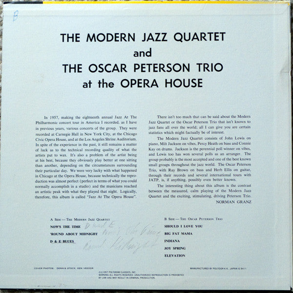 The Modern Jazz Quartet And The Oscar Peterson Trio ~ At The Opera House (Vinyl) - Djungel & Jazz