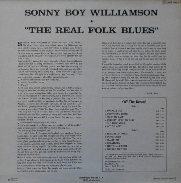 Sonny Boy Williamson  ~ The Real Folk Blues (Vinyl) - Djungel & Jazz