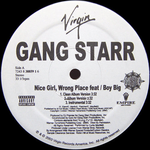 Gang Starr ~ Nice Girl, Wrong Place / Rite Where U Stand (Vinyl) - Djungel & Jazz