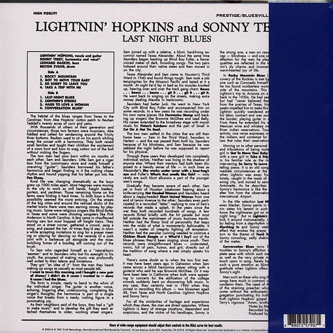 Lightnin' Hopkins With Sonny Terry ~ Last Night Blues (Vinyl) - Djungel & Jazz