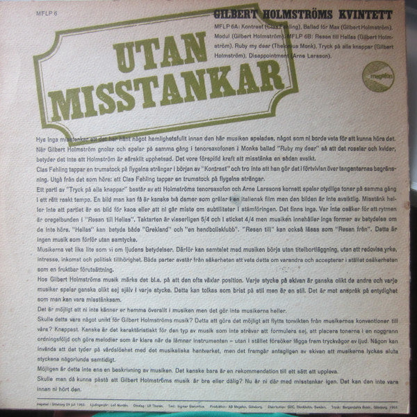 Gilbert Holmströms Kvintett ~ Utan Misstankar (Vinyl) - Djungel & Jazz