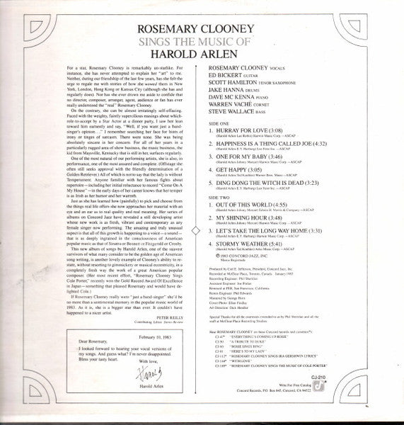 Rosemary Clooney ~ Rosemary Clooney Sings The Music Of Harold Arlen (Vinyl) - Djungel & Jazz