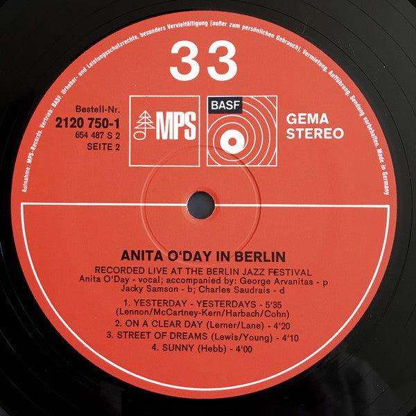 Anita O'Day ~ Anita O'Day In Berlin, Recorded Live At The Berlin Jazz Festival (Vinyl) - Djungel & Jazz