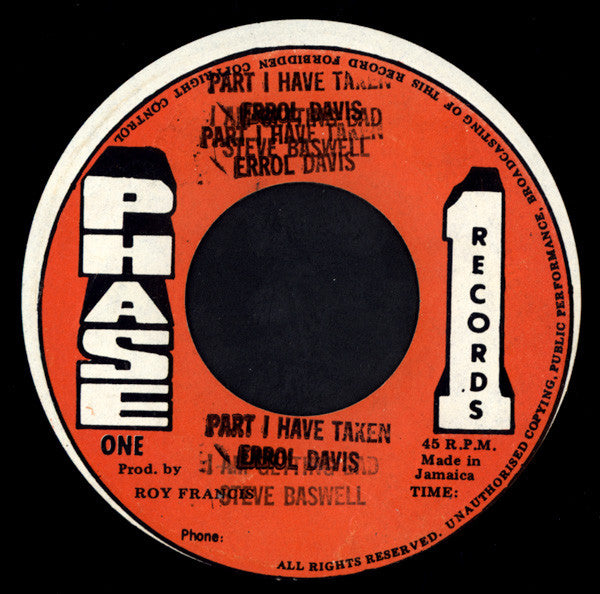 Errol Davis : Part I Have Taken (7", M/Print)