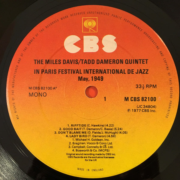 The Miles Davis/Tadd Dameron Quintet ~ In Paris Festival International De Jazz - May, 1949 (Vinyl) - Djungel & Jazz