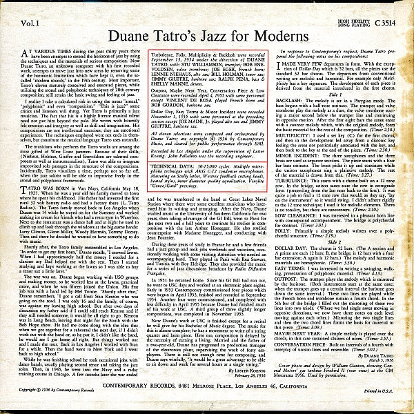 Duane Tatro ~ Duane Tatro's Jazz For Moderns (Vinyl) - Djungel & Jazz