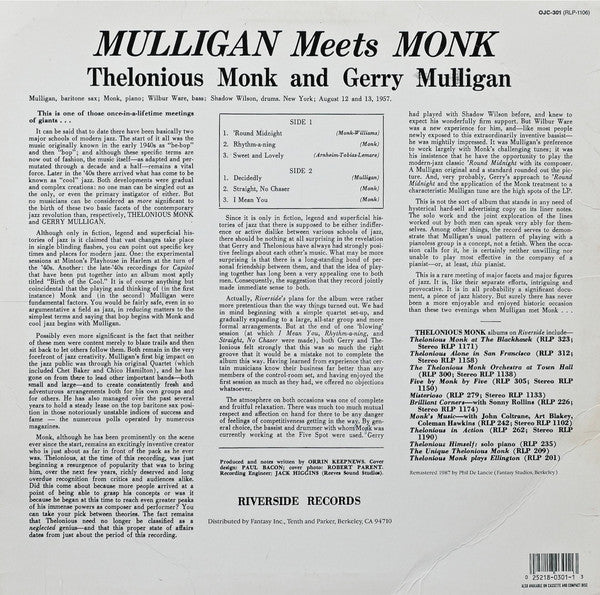 Thelonious Monk And Gerry Mulligan : Mulligan Meets Monk (LP, Album, RE, RM)