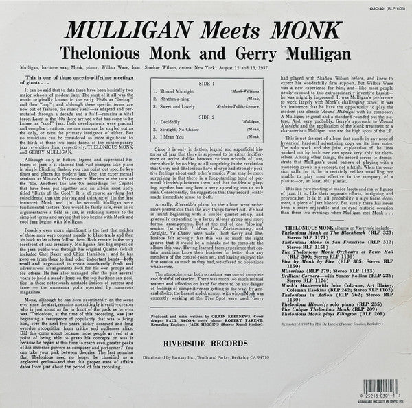 Thelonious Monk And Gerry Mulligan ~ Mulligan Meets Monk (Vinyl) - Djungel & Jazz