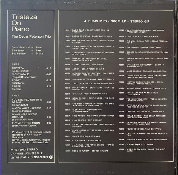 The Oscar Peterson Trio : Tristeza On Piano (LP, Album, Gat)