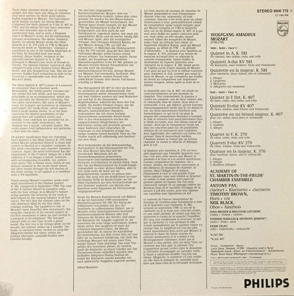 Academy Of St. Martin-In-The Fields' Chamber Ensemble, Antony Pay, Timothy Brown - Mozart ~ Clarinet Quintet KV 581 / Oboe Quartet KV 370 / Horn Quintet KV 407 (Vinyl) - Djungel & Jazz