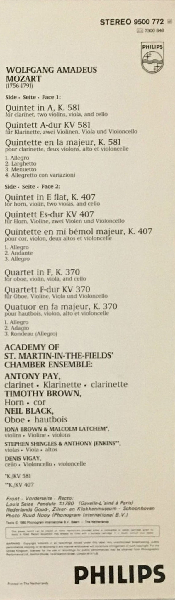 Academy Of St. Martin-In-The Fields' Chamber Ensemble, Antony Pay, Timothy Brown - Mozart ~ Clarinet Quintet KV 581 / Oboe Quartet KV 370 / Horn Quintet KV 407 (Vinyl) - Djungel & Jazz