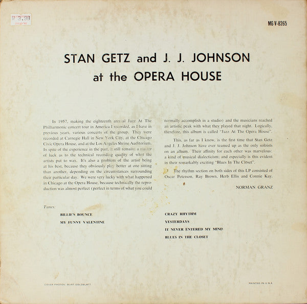 Stan Getz And J.J. Johnson ~ At The Opera House (Vinyl) - Djungel & Jazz