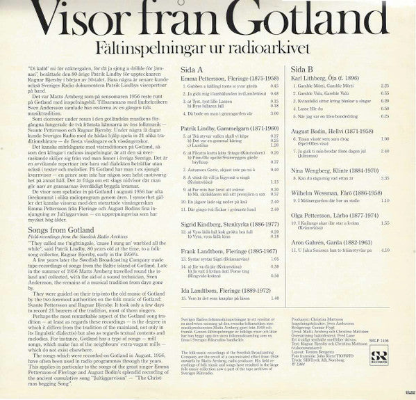 Various : Visor Från Gotland - Fältinspelningar Ur Radioarkivet (LP, Comp)