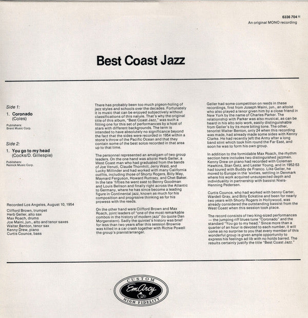 Max Roach, Herb Geller, Walter Benton, Joe Maini, Clifford Brown ~ Best Coast Jazz (Vinyl) - Djungel & Jazz