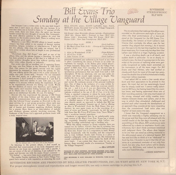 The Bill Evans Trio Featuring Scott LaFaro : Sunday At The Village Vanguard (LP, Album, RE)