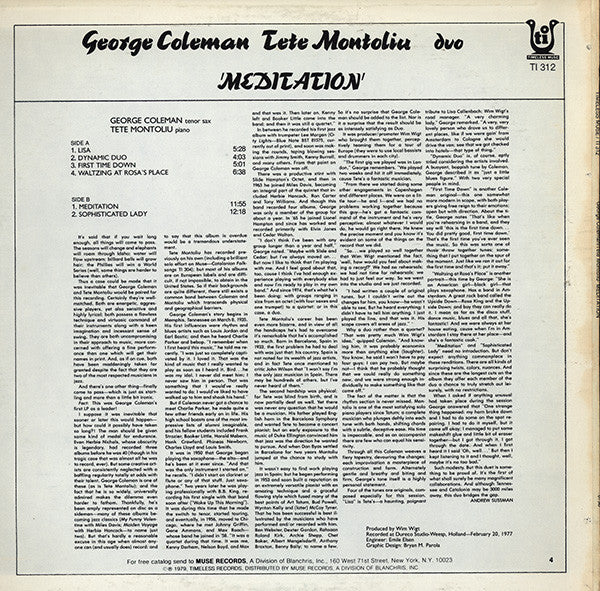 George Coleman - Tete Montoliu Duo ~ Meditation (Vinyl) - Djungel & Jazz