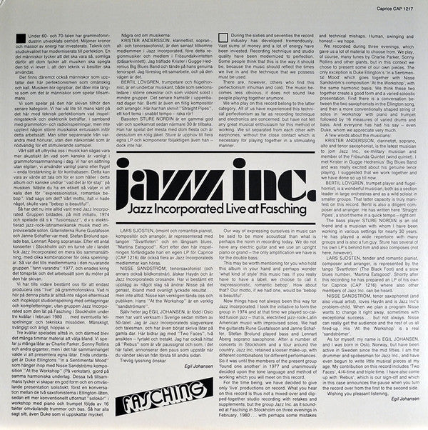 Jazz Inc. ~ Live At Fasching (Vinyl) - Djungel & Jazz