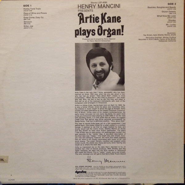 Henry Mancini Presents Artie Kane ~ Artie Kane Plays Organ! (Vinyl) - Djungel & Jazz