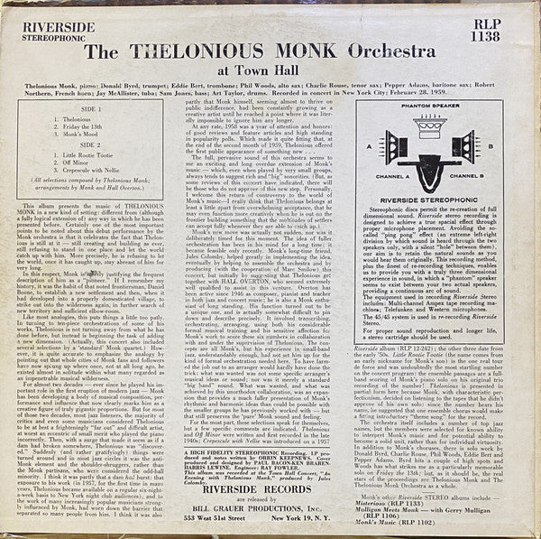 The Thelonious Monk Orchestra ~ At Town Hall (Vinyl) - Djungel & Jazz