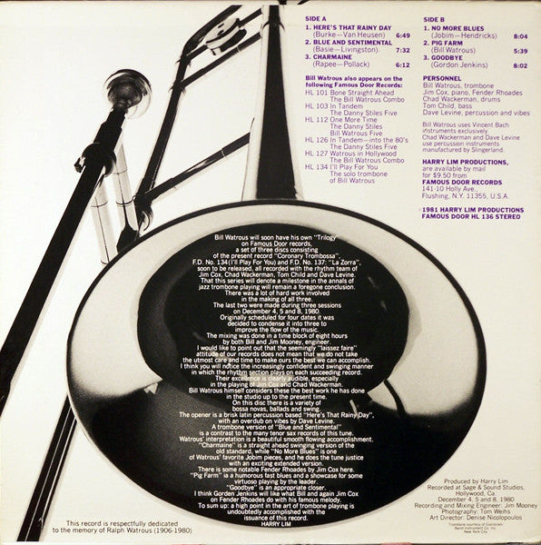 Bill Watrous With The New Bill Watrous Quartet ~ Coronary Trombossa! (Vinyl) - Djungel & Jazz