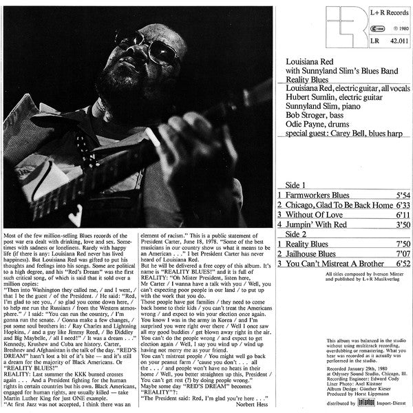 Louisiana Red With Sunnyland Slim Blues Band & Carey Bell ~ Reality Blues (Vinyl) - Djungel & Jazz