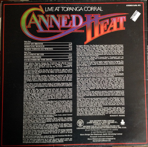 Canned Heat : Live At Topanga Corral (LP, Album)
