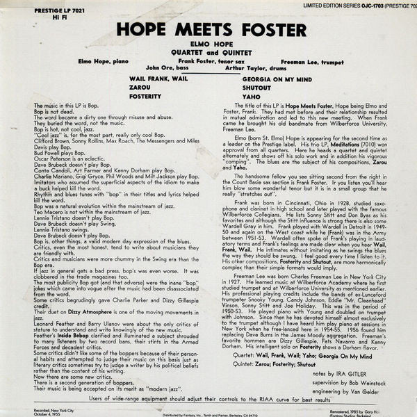 Elmo Hope Quartet And Elmo Hope Quintet Featuring Frank Foster ~ Hope Meets Foster (Vinyl) - Djungel & Jazz