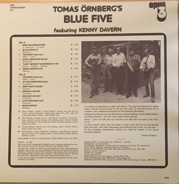 Tomas Örnberg's Blue Five Feat. Kenny Davern ~ Tomas Örnberg's Blue Five (Vinyl) - Djungel & Jazz