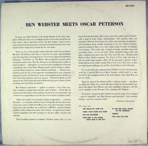Ben Webster meets Oscar Peterson : Ben Webster Meets Oscar Peterson (LP, Album, Mono, RE)