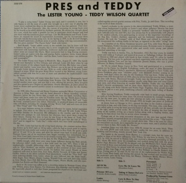 The Lester Young-Teddy Wilson Quartet ~ Pres And Teddy (Vinyl) - Djungel & Jazz