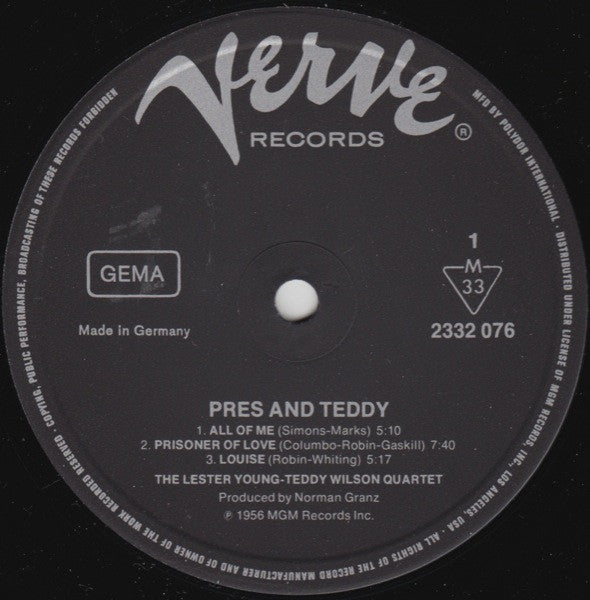 The Lester Young-Teddy Wilson Quartet ~ Pres And Teddy (Vinyl) - Djungel & Jazz