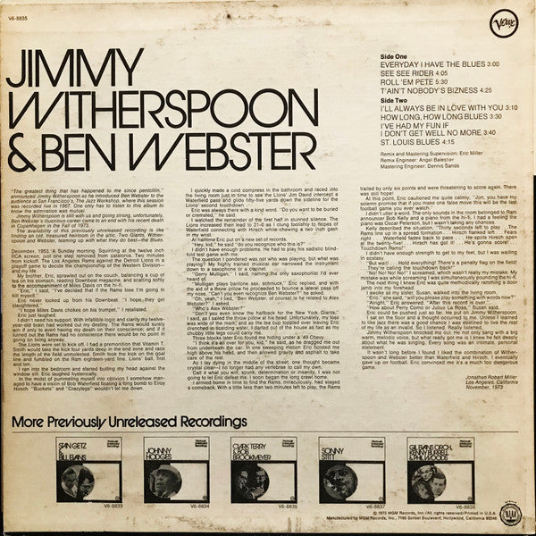 Jimmy Witherspoon & Ben Webster ~ Previously Unreleased Recordings (Vinyl) - Djungel & Jazz