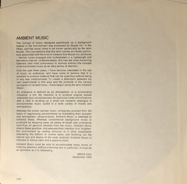 Brian Eno : Ambient 1 (Music For Airports) (LP, Album)