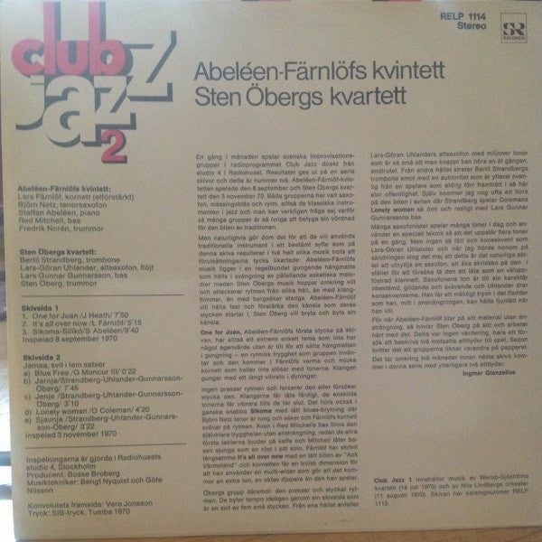 Abeléen-Färnlöfs Kvintett / Sten Öbergs Kvartett ~ Club Jazz 2 (Vinyl) - Djungel & Jazz