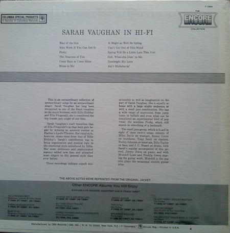 Sarah Vaughan ~ Sarah Vaughan In Hi-Fi (Vinyl) - Djungel & Jazz