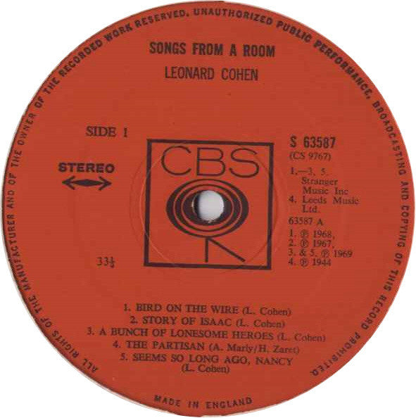 Leonard Cohen : Songs From A Room (LP, Album)