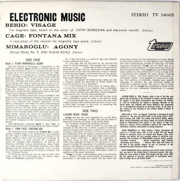 John Cage, Luciano Berio, Ilhan Mimaroglu : Electronic Music (LP, Album)