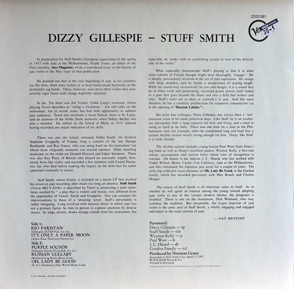 Dizzy Gillespie And Stuff Smith ~ Dizzy Gillespie And Stuff Smith (Vinyl) - Djungel & Jazz