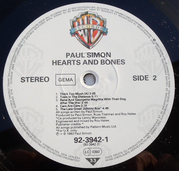 Paul Simon : Hearts And Bones (LP, Album, GEM)