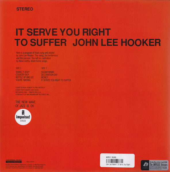 John Lee Hooker ~ It Serve You Right To Suffer (Vinyl) - Djungel & Jazz